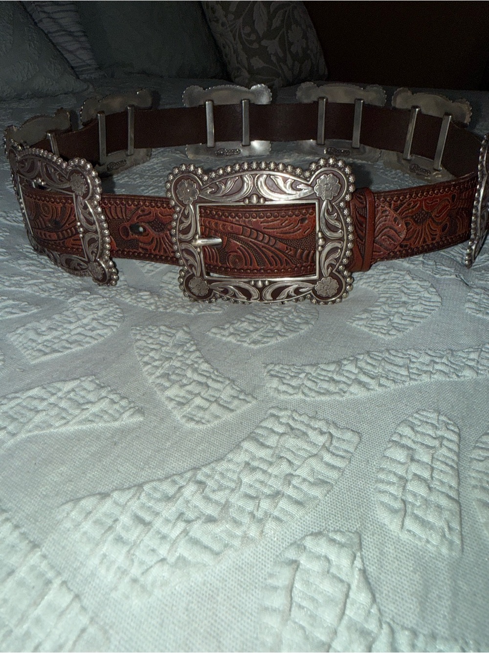 Brown Tooled Leather Western Belt with Silver Buckle
